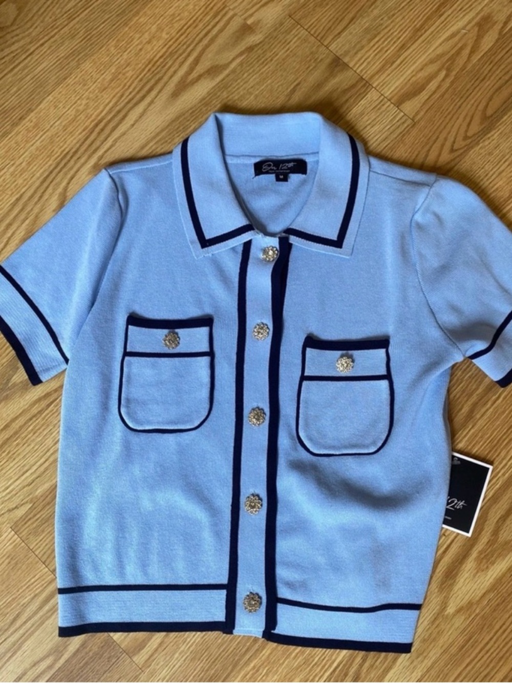 Light Blue Knit Button-Down Top with Navy Trim - Kids